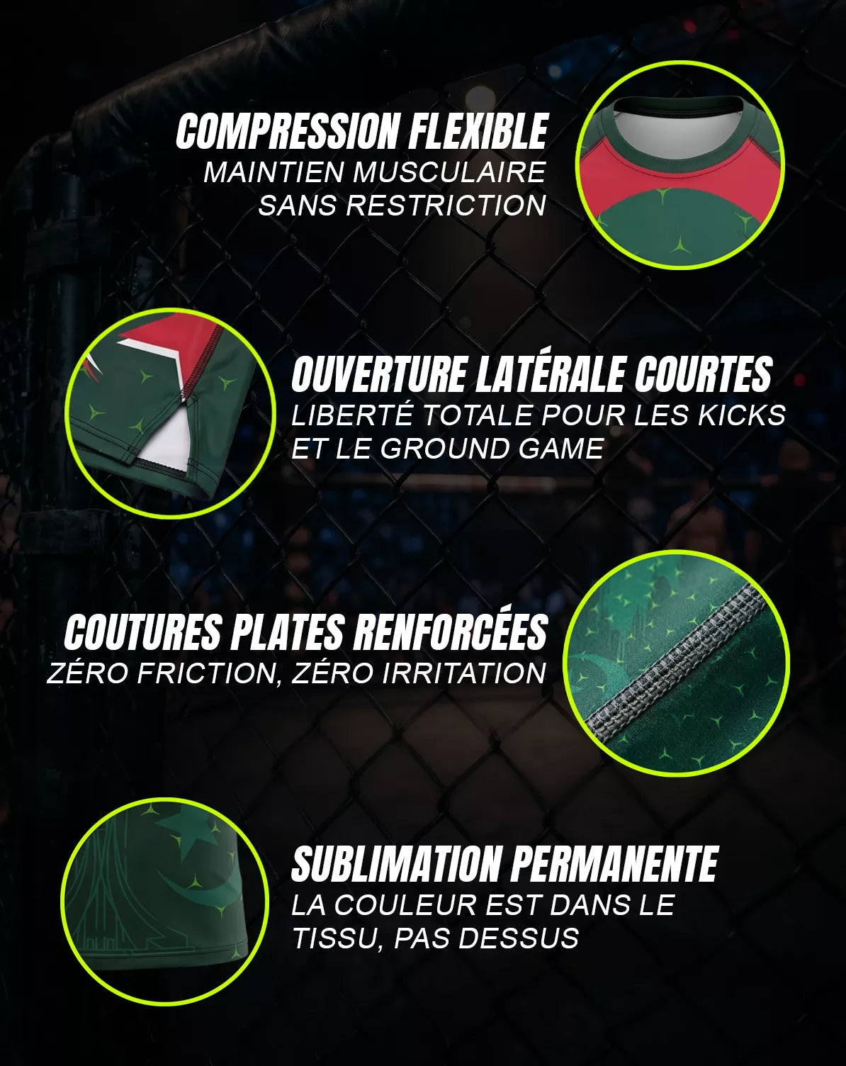 Caractéristiques techniques rashguard MMA OCTOGOAT — compression flexible, coutures plates renforcées, sublimation permanente, ouverture latérale courte pour kicks et ground game