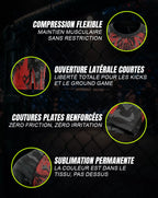 Caractéristiques techniques rashguard MMA OCTOGOAT — compression flexible, coutures plates renforcées, sublimation permanente, ouverture latérale courte pour kicks et ground game