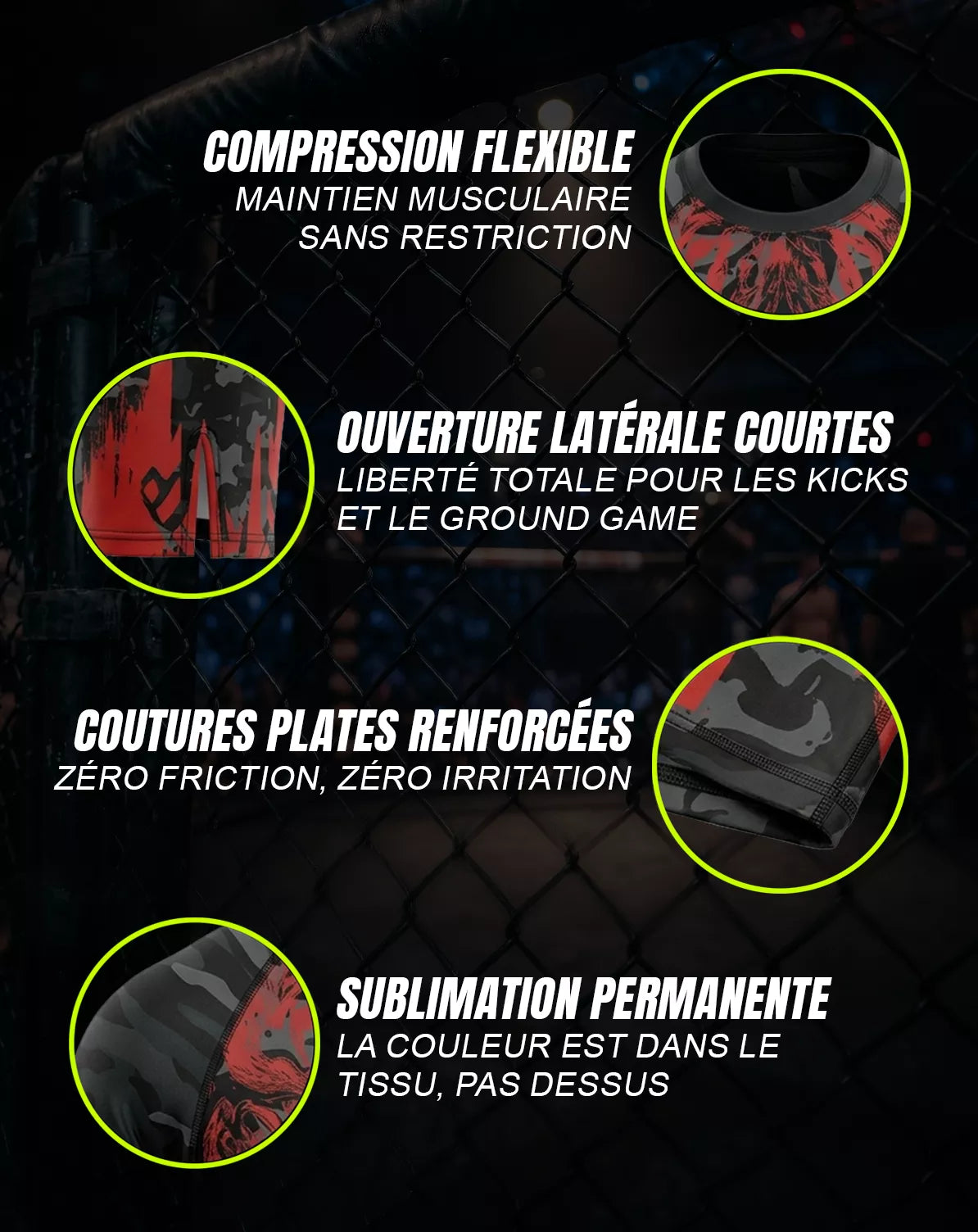 Caractéristiques techniques rashguard MMA OCTOGOAT — compression flexible, coutures plates renforcées, sublimation permanente, ouverture latérale courte pour kicks et ground game