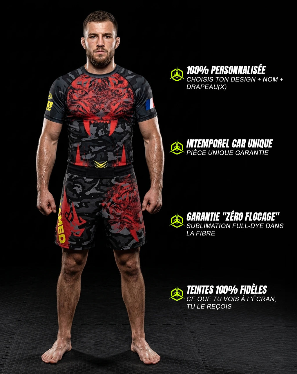Fighter portant un ensemble MMA personnalisé OCTOGOAT — rashguard sublimation unique avec drapeau