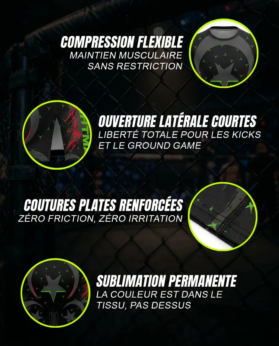Fightwear MMA premium personnalisé OCTOGOAT — technologie sublimation 4 voies, coutures plates zéro irritation, conçu pour les fighters qui refusent le générique