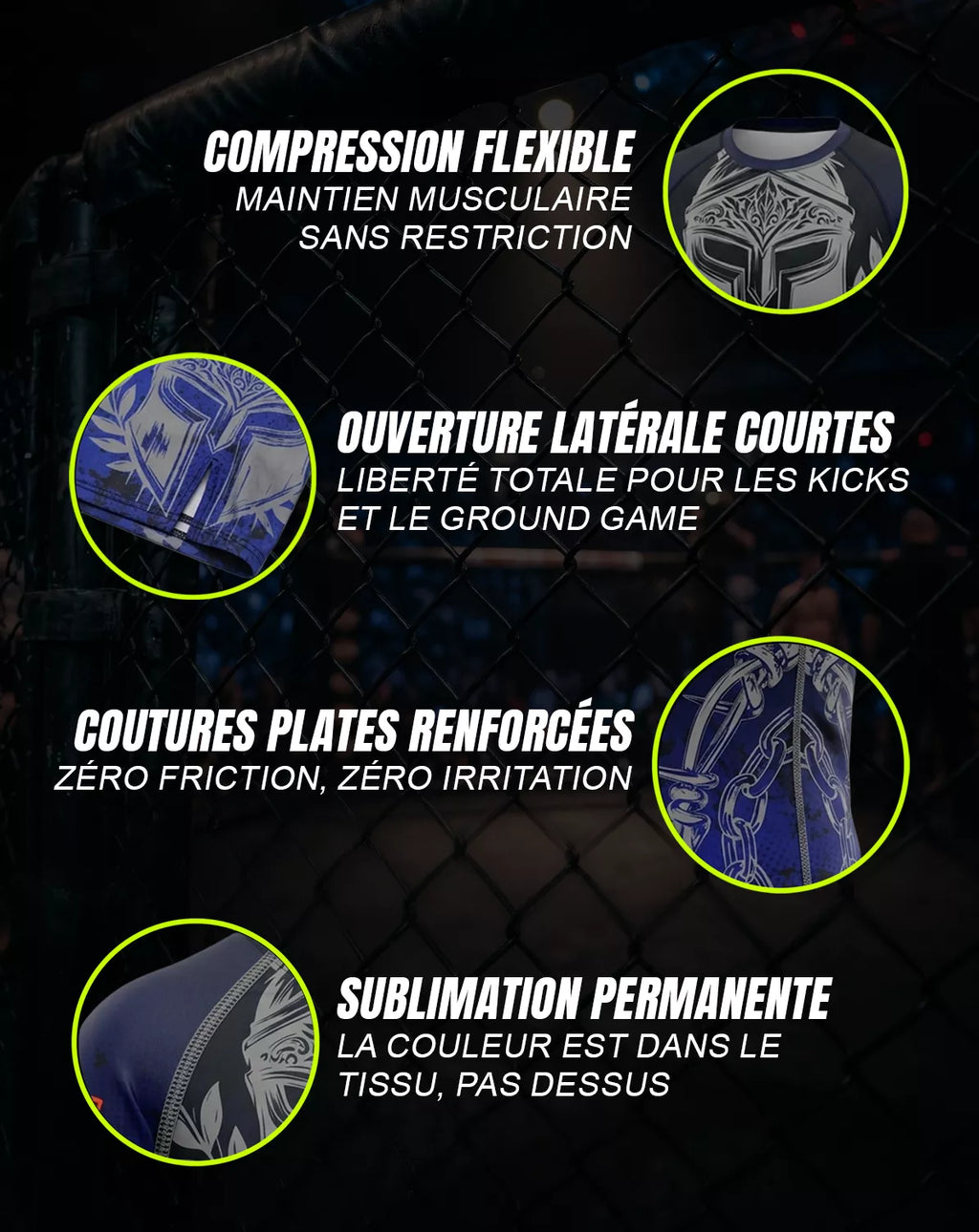 Caractéristiques techniques rashguard MMA OCTOGOAT — compression flexible, coutures plates renforcées, sublimation permanente, ouverture latérale courte pour kicks et ground game