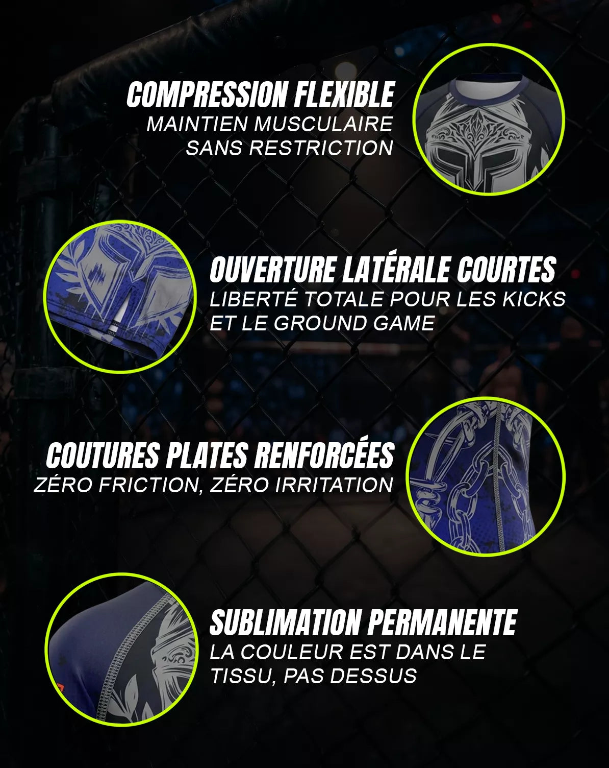 Caractéristiques techniques rashguard MMA OCTOGOAT — compression flexible, coutures plates renforcées, sublimation permanente, ouverture latérale courte pour kicks et ground game