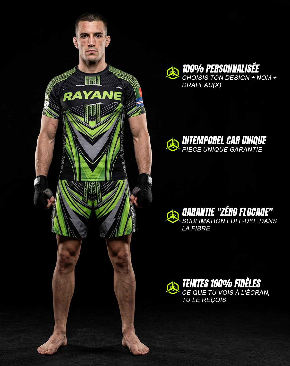 Fighter portant un ensemble MMA personnalisé OCTOGOAT — rashguard sublimation unique avec drapeau