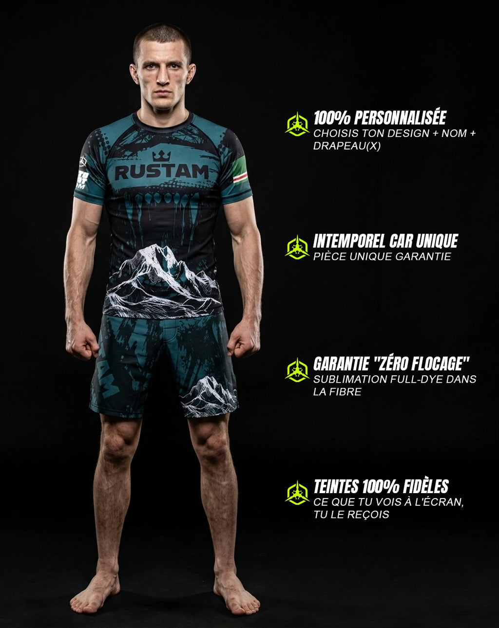 Ensemble MMA personnalisé rashguard et short — OCTOGOAT, ton prénom et ton drapeau intégrés au design