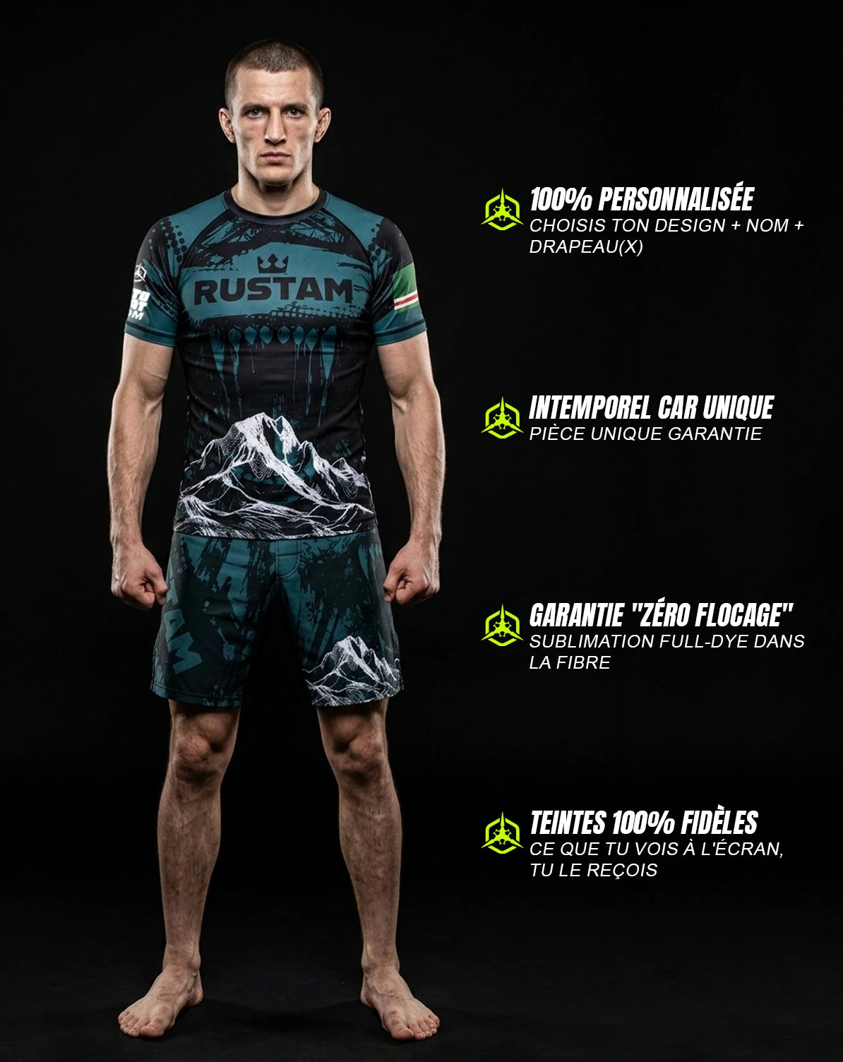 Ensemble MMA personnalisé rashguard et short — OCTOGOAT, ton prénom et ton drapeau intégrés au design