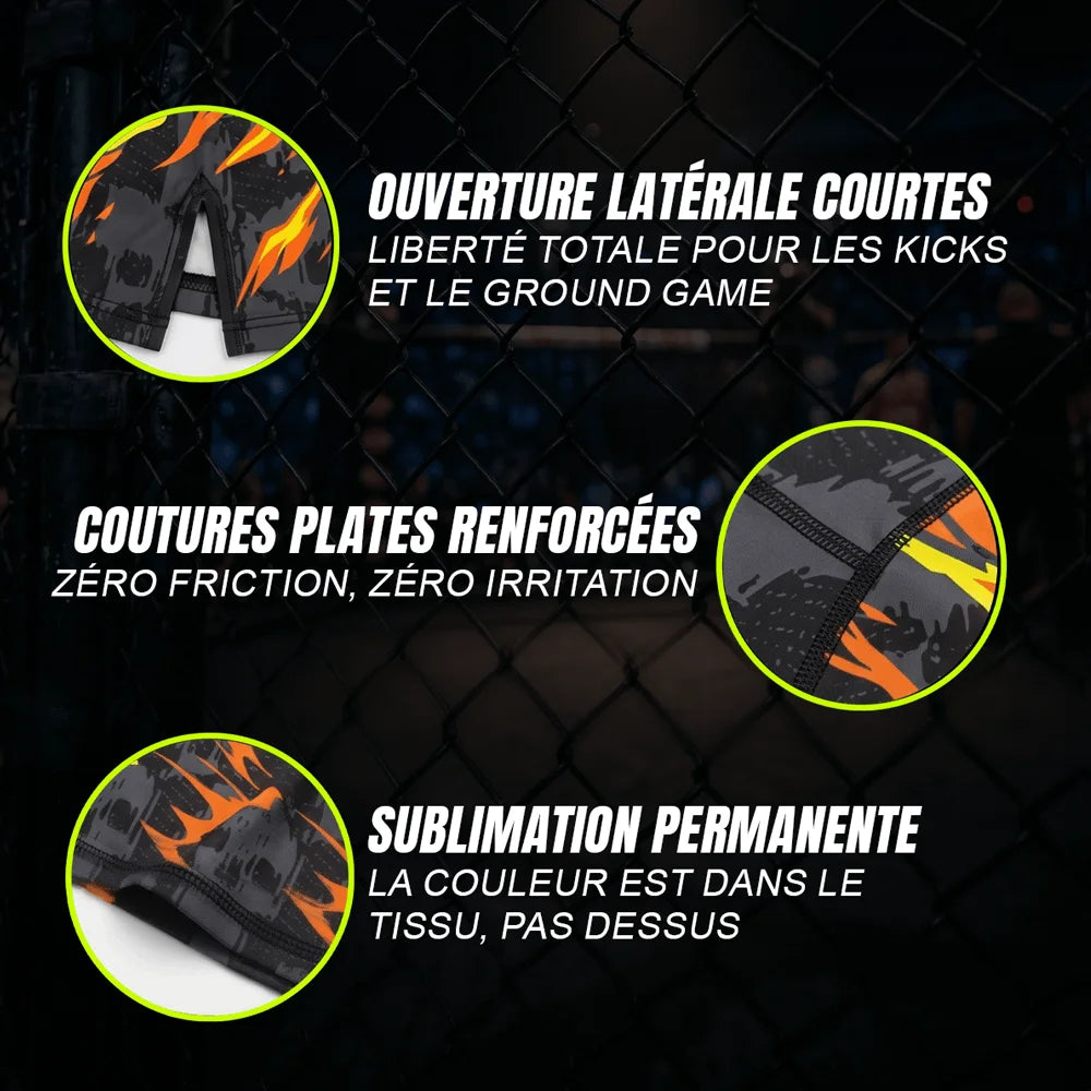 Caractéristiques du short de combat Octogoat au motif de crânes et flammes orange, illustrant la résistance des coutures extensibles et la fente latérale courte idéale pour le combat libre.