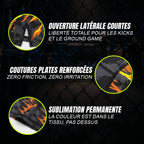 Caractéristiques du short de combat Octogoat au motif de crânes et flammes orange, illustrant la résistance des coutures extensibles et la fente latérale courte idéale pour le combat libre.