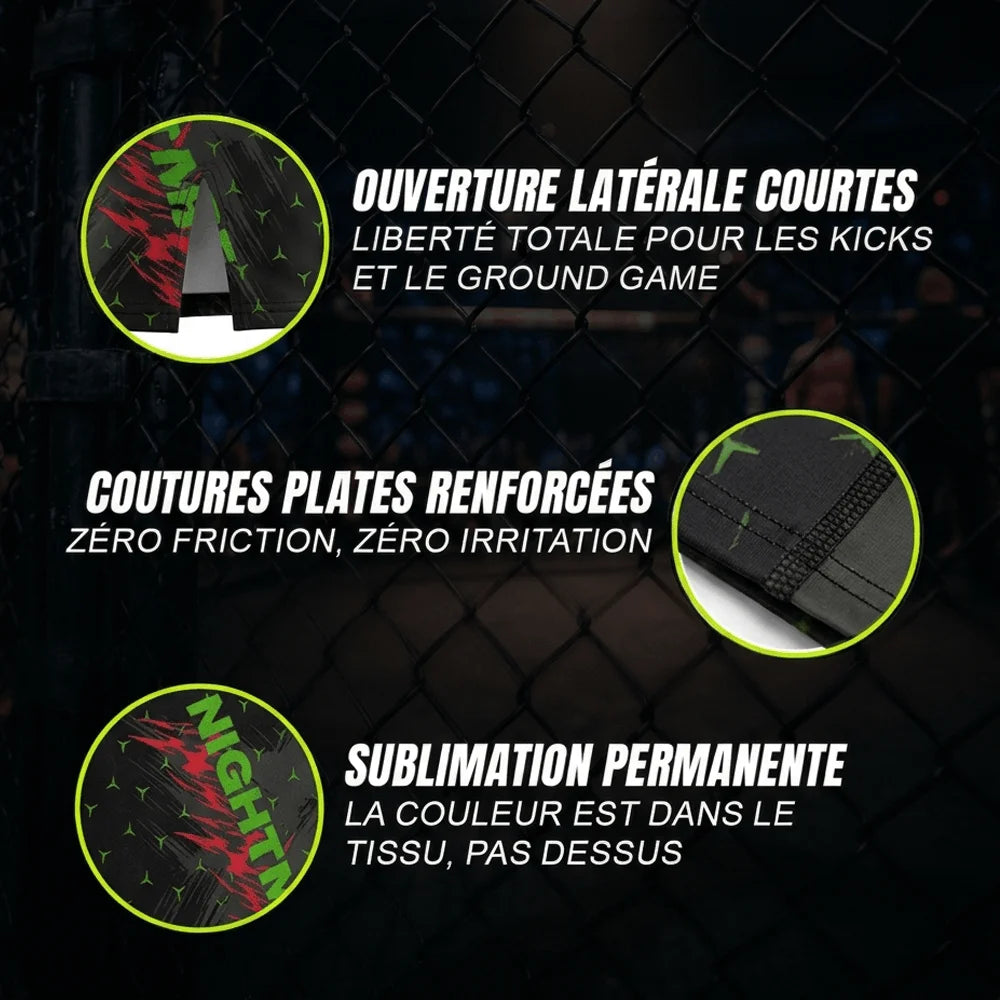 Gros plans sur les finitions du short de combat DZ Black Algérie d'Octogoat, mettant en avant les ouvertures latérales pour les kicks, les coutures renforcées et le tissu micro-perforé de haute qualité.