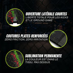 Gros plans sur les finitions du short de combat DZ Black Algérie d'Octogoat, mettant en avant les ouvertures latérales pour les kicks, les coutures renforcées et le tissu micro-perforé de haute qualité.